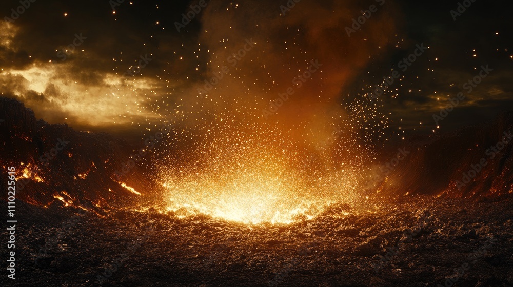Molten Steel Eruption in Electric Arc Furnace Industrial Metallurgy Sparks Emitting from Steel Production Heavy Industry Scene Molten Steel Eruption in Electric Arc Furnace Industrial Metallurgy Sparks Emitting from Steel Production Heavy Industry Scene