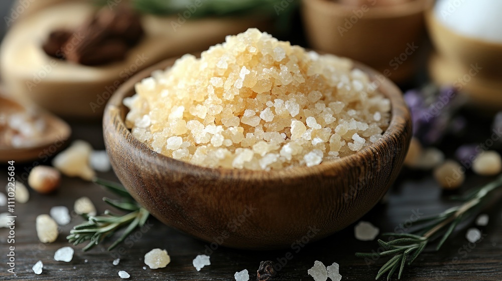 Relaxing spa essentials with natural sea salt in a wooden bowl surrounded by herbs and rustic decor for a calming atmosphere Relaxing spa essentials with natural sea salt in a wooden bowl surrounded by herbs and rustic decor for a calming atmosphere