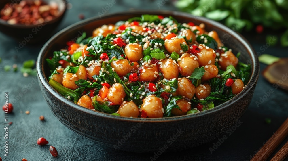 Vibrant Asian vegan Bok Choy salad with chickpeas garnished with sesame seeds and fresh vegetables in a rustic bowl Vibrant Asian vegan Bok Choy salad with chickpeas garnished with sesame seeds and fresh vegetables in a rustic bowl