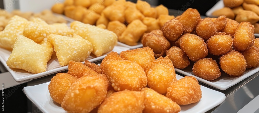 Delicious assorted street food snacks displayed in trays, featuring golden fried dumplings and crispy pastries on a vibrant food market setting. Delicious assorted street food snacks displayed in trays, featuring golden fried dumplings and crispy pastries on a vibrant food market setting.