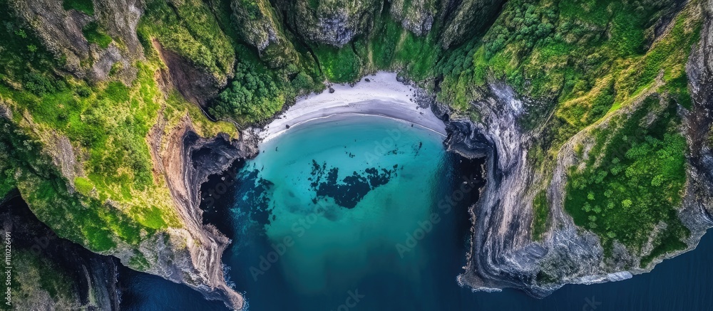 Secluded Beach Surrounded by Lush Cliffs in a National Park Aerial View Secluded Beach Surrounded by Lush Cliffs in a National Park Aerial View