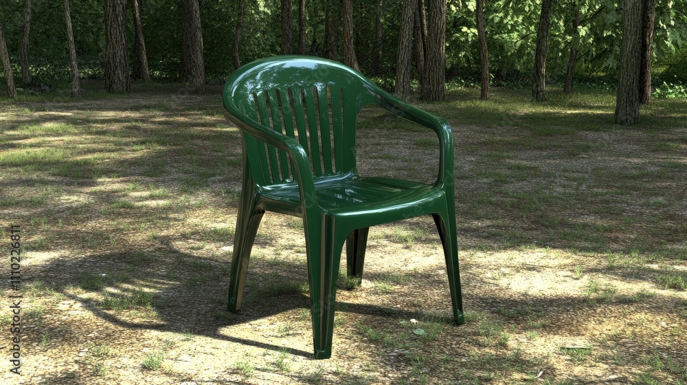 Green plastic stackable outdoor patio armchair in a tranquil garden setting surrounded by trees and natural light Green plastic stackable outdoor patio armchair in a tranquil garden setting surrounded by trees and natural light