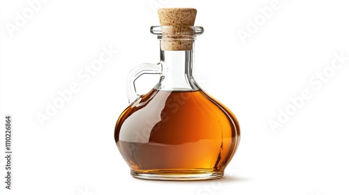 Elegant glass bottle of oil with cork stopper isolated on white background showcasing rich amber color and smooth contours. photo