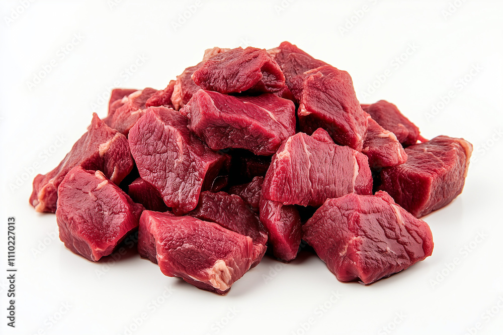 Obraz premium Selective focus sliced of beef isolated on white background, Close up shot dice of red meat on white.