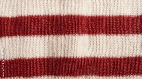 Knitted sweater texture with warm red and cream stripes overhead view cozy fashion fabric background photo