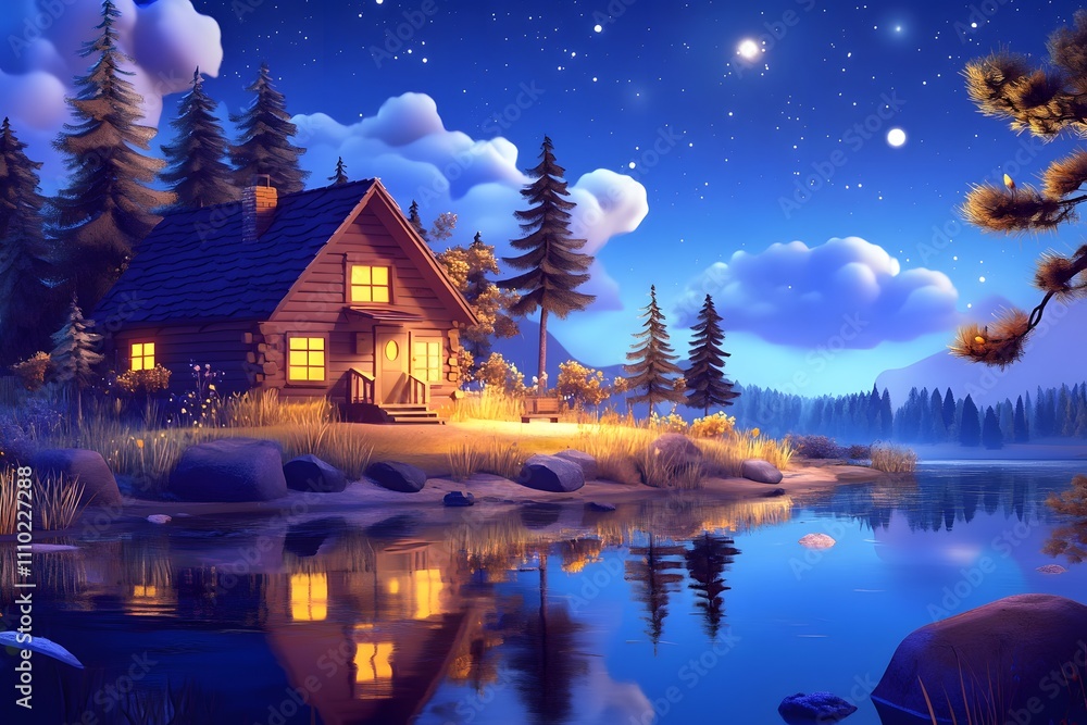 Fototapeta premium Little decorative cute small houses in snow at night in winter, Christmas and New Year miniature house in the snow at night with fir tree. Holiday concept. Selective focus 