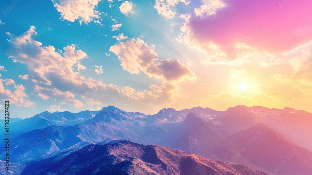 Aerial view of majestic mountains under a colorful sky with vibrant clouds and sunlight illuminating the rugged terrain below Aerial view of majestic mountains under a colorful sky with vibrant clouds and sunlight illuminating the rugged terrain below