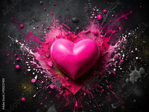 Captivating Candid Photography of a Pink Heart Surrounded by Bold Black Splattered Paint for Creative Artistic Expressions and Visual Storytelling