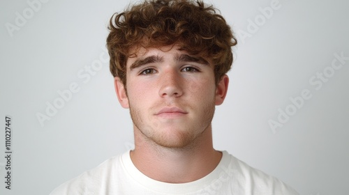 Young man with curly hair looking at the camera in a neutral expression against a plain white background for portrait or modeling use