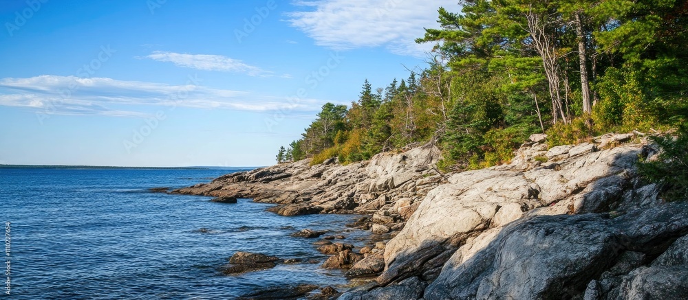 Serene rocky coastline with vibrant trees and calm sea under a clear blue sky in stunning natural landscape setting. Serene rocky coastline with vibrant trees and calm sea under a clear blue sky in stunning natural landscape setting.