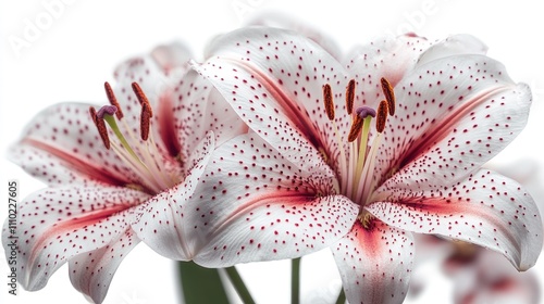 Elegant pink and white lily flowers with vibrant spots isolated on a clean white background showcasing nature's beauty and floral detail photo