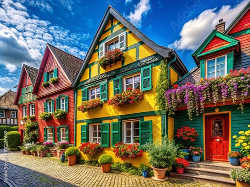 Captivating Candid Photography of a Vibrant Colorful House Facade in Wachtendonk, North Rhine-Westphalia, Germany, Showcasing Charming Architecture and Lively Atmosphere photo