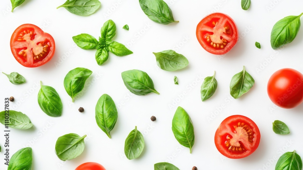 Vibrant tomatoes and fresh basil leaves arranged on a white background creating a colorful and appetizing composition Vibrant tomatoes and fresh basil leaves arranged on a white background creating a colorful and appetizing composition