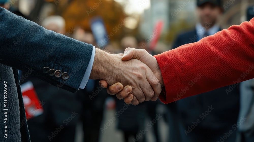 Two people shaking hands in a crowd Two people shaking hands in a crowd