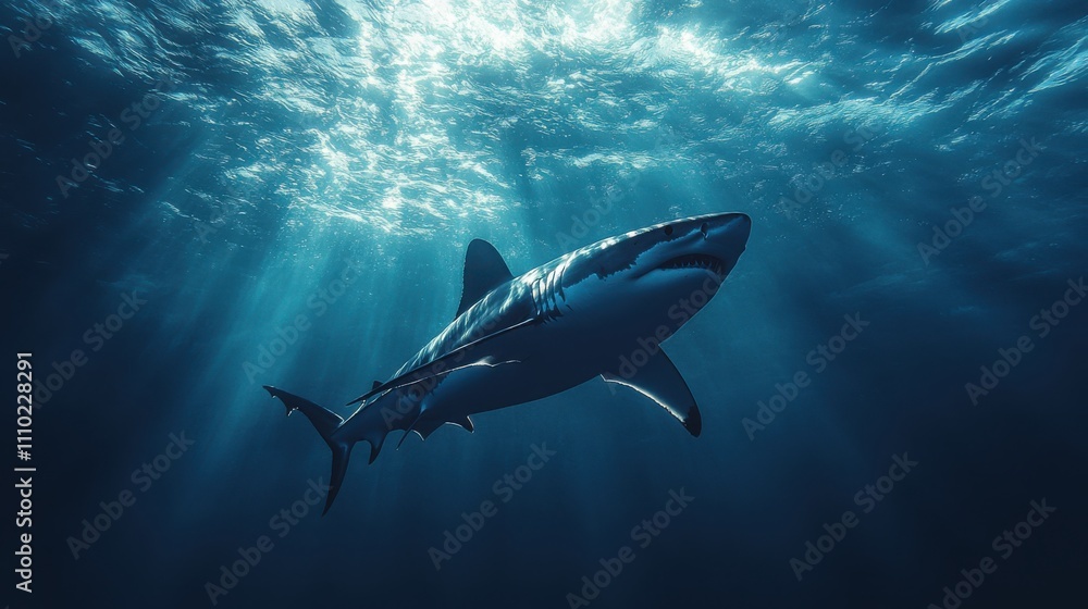 Obraz premium Majestic Great Shark Gliding Gracefully Through Turquoise Ocean Waters Under Sunlight, Capturing the Beauty and Mystery of Underwater Life