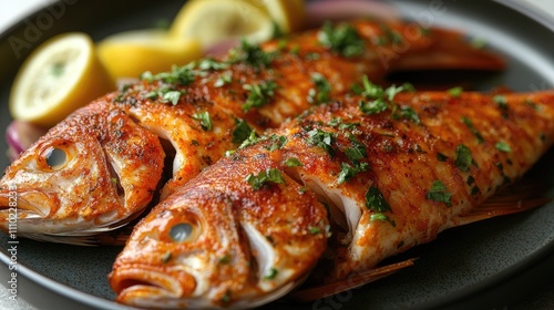 Grilled red fish garnished with herbs and served with lemon slices on a black plate against a clean white background