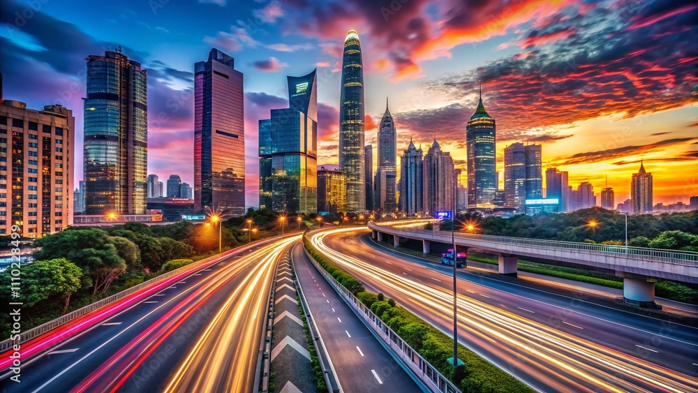 Fototapeta premium Captivating City Scenery: Skyline Views from a Road Platform Showcasing Dynamic Traffic Flow and Urban Life at Twilight with Illuminated Buildings and Lively Atmosphere