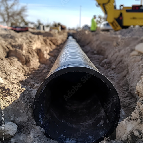 Wallpaper Mural An underground black pipe lying in a trench as its installed on a construction site Torontodigital.ca