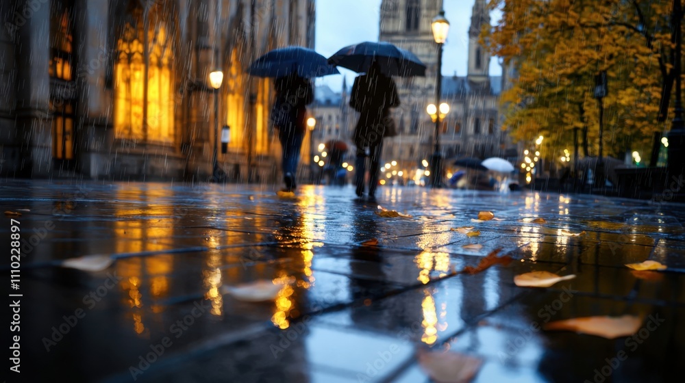 Two people walking in the rain with umbrellas Two people walking in the rain with umbrellas