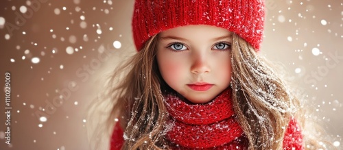 Winter portrait of a girl in red hat and scarf with snowflakes creating a magical holiday atmosphere and capturing childhood innocence.