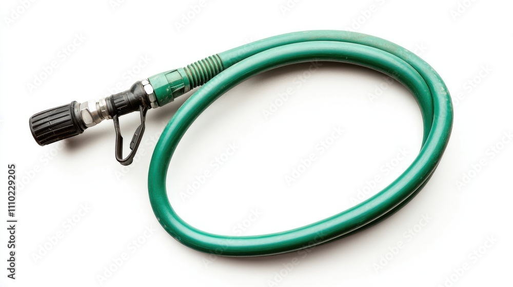 Green garden hosepipe with a nozzle resting on a white background showcasing gardening tools for outdoor maintenance and irrigation tasks. Green garden hosepipe with a nozzle resting on a white background showcasing gardening tools for outdoor maintenance and irrigation tasks.