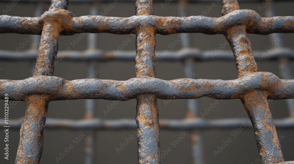 Rusty steel bars grid close-up showcasing industrial texture and weathered finish for construction or architectural background use. Rusty steel bars grid close-up showcasing industrial texture and weathered finish for construction or architectural background use.