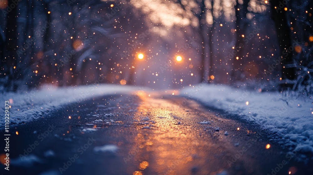 Winter evening road with falling snow and glowing street lights in a serene forest setting. Winter evening road with falling snow and glowing street lights in a serene forest setting.