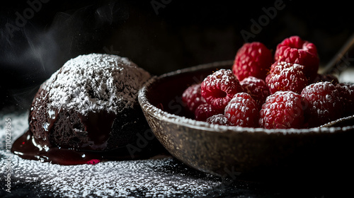 professional food photography, Gourmet chocolate lava cake, molten center, powdered sugar, served with fresh raspberries,