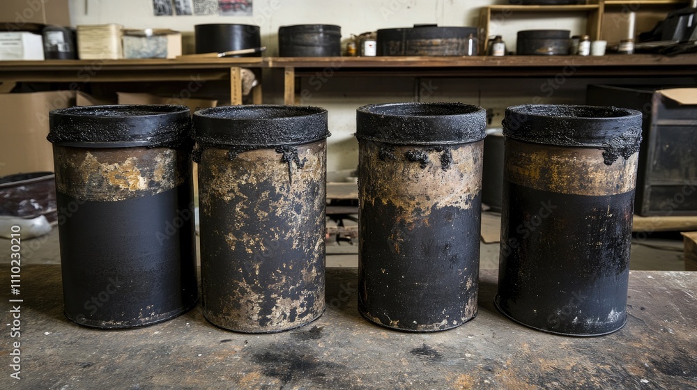 Ink containers with worn labels and rubber handling tools arranged in an industrial print shop ready for screen printing on T-shirts Ink containers with worn labels and rubber handling tools arranged in an industrial print shop ready for screen printing on T-shirts