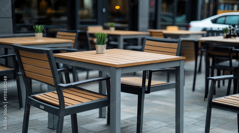 Modern outdoor patio dining set featuring wood and metal table and chairs in urban setting with potted plant on table. Modern outdoor patio dining set featuring wood and metal table and chairs in urban setting with potted plant on table.