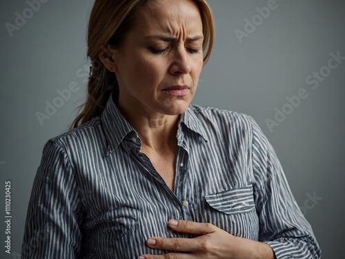 a woman is holding her stomach because she is in pain photo