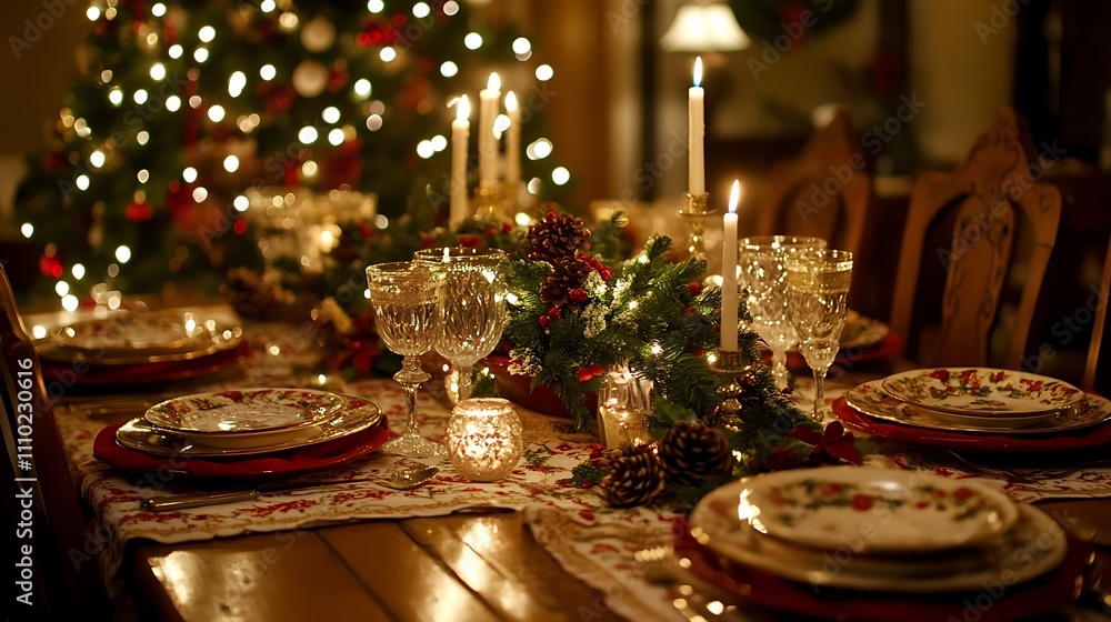 A Christmas dinner table set with festive dishes, candles, and a centerpiece of holly and pinecones, surrounded by warm holiday lights A Christmas dinner table set with festive dishes, candles, and a centerpiece of holly and pinecones, surrounded by warm holiday lights