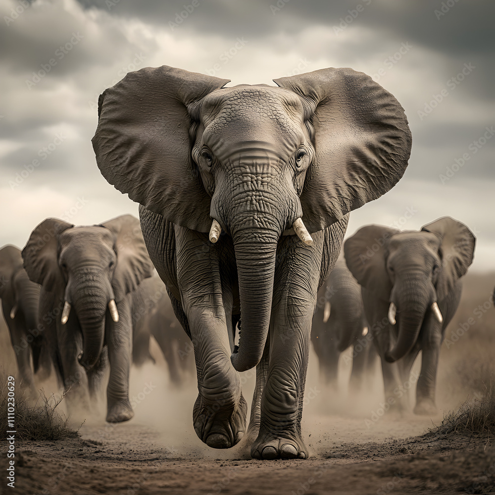 Obraz premium Front view of Elephants running