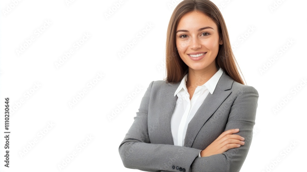 Confident young businesswoman in gray suit smiling with arms crossed isolated on white background representing professionalism and success Confident young businesswoman in gray suit smiling with arms crossed isolated on white background representing professionalism and success
