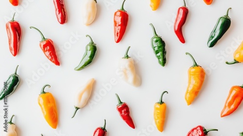 Wallpaper Mural Colorful array of assorted chili peppers arranged artistically on a white background showcasing vibrant colors and fresh produce. Torontodigital.ca