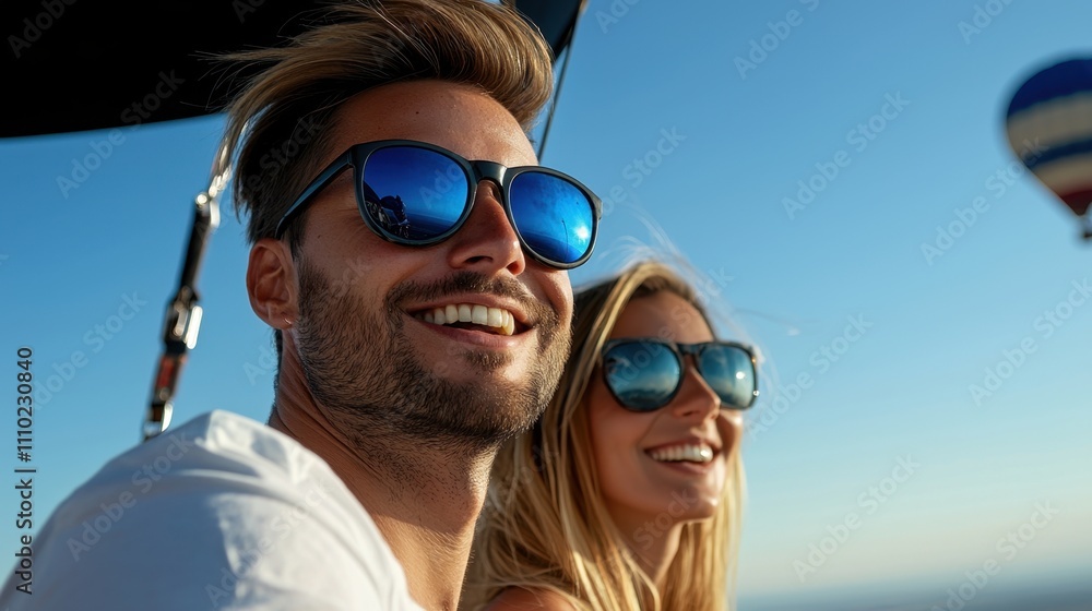 A man and a woman are smiling and wearing sunglasses A man and a woman are smiling and wearing sunglasses