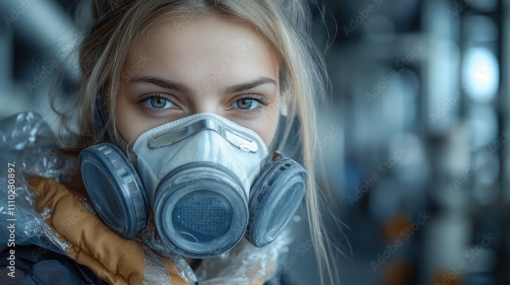 Portrait of a young woman wearing a protective mask respirator in an industrial environment for safety against viruses and dust particles Portrait of a young woman wearing a protective mask respirator in an industrial environment for safety against viruses and dust particles