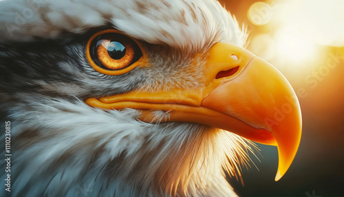 A detailed close-up of a golden eagle’s face, bathed in warm sunrise light, embodying majesty and strength photo