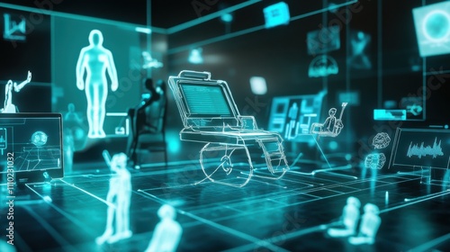 An abstract portrayal of disability inclusion in technology with a futuristic tech hub showcasing adaptive devices and inclusive tech setups, symbolizing equal access to technological innovation photo