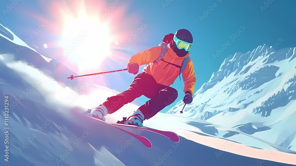 Skier in bright orange outfit enjoying downhill skiing on snowy mountain with sunny backdrop Skier in bright orange outfit enjoying downhill skiing on snowy mountain with sunny backdrop