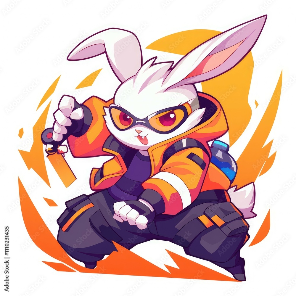 Cool white rabbit in orange jacket. Cool white rabbit in orange jacket.