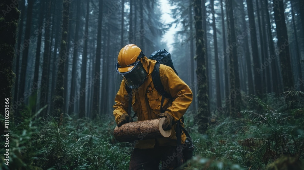 A lumberjack in protective gear marking logs for cutting in a forest with dense tree lines A lumberjack in protective gear marking logs for cutting in a forest with dense tree lines