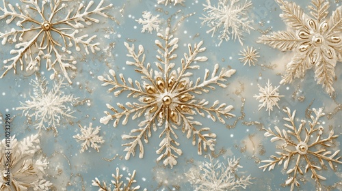 A tranquil scene with glittered snowflakes gently resting on a light blue background, perfect for capturing winter's charm.