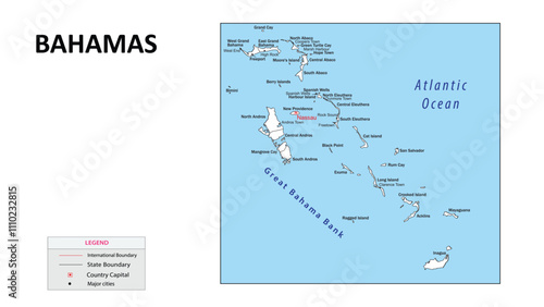 Bahamas Map. State map of Bahamas. Administrative map of Bahamas with state and capital in white color. photo