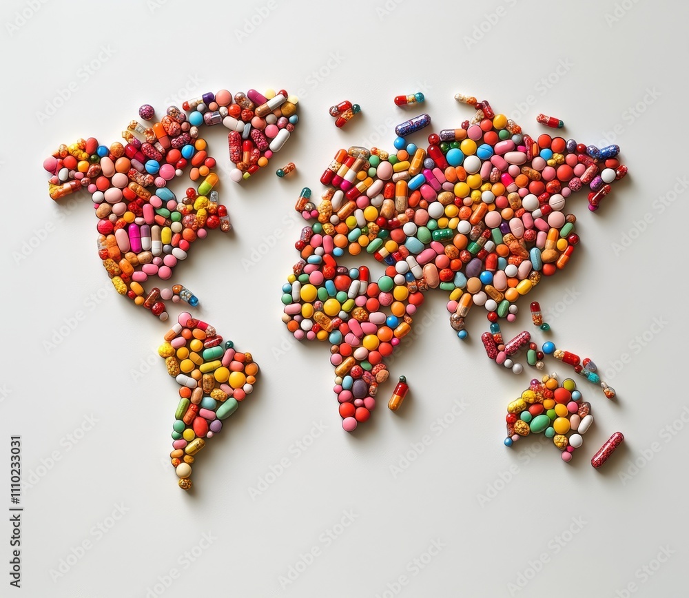 World map of pills, capsules, medicine global world, pills, tablet geography, generative AI illustration World map of pills, capsules, medicine global world, pills, tablet geography, generative AI illustration