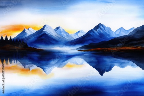 A painting of a mountain range with a lake in the foreground