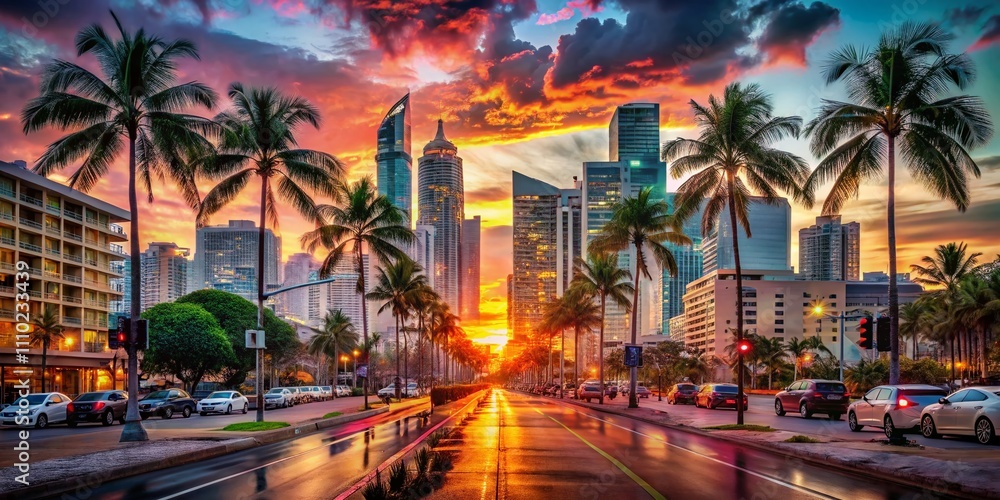 Naklejka premium Captivating Double Exposure Photography of Miami Avenue Blending Urban Life with Vibrant Sunset Skyline for a Unique Artistic Perspective