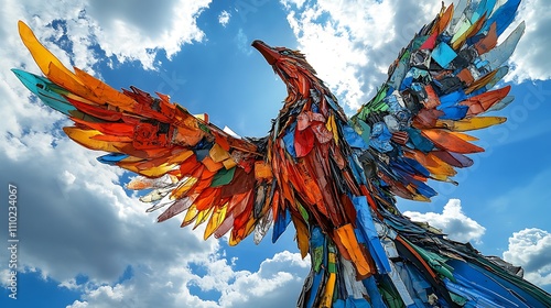 Colorful recycled plastic bird sculpture against a bright blue sky. photo