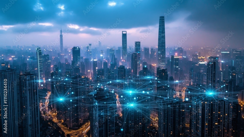 Fototapeta premium Aerial view city night densely populated tall buildings An