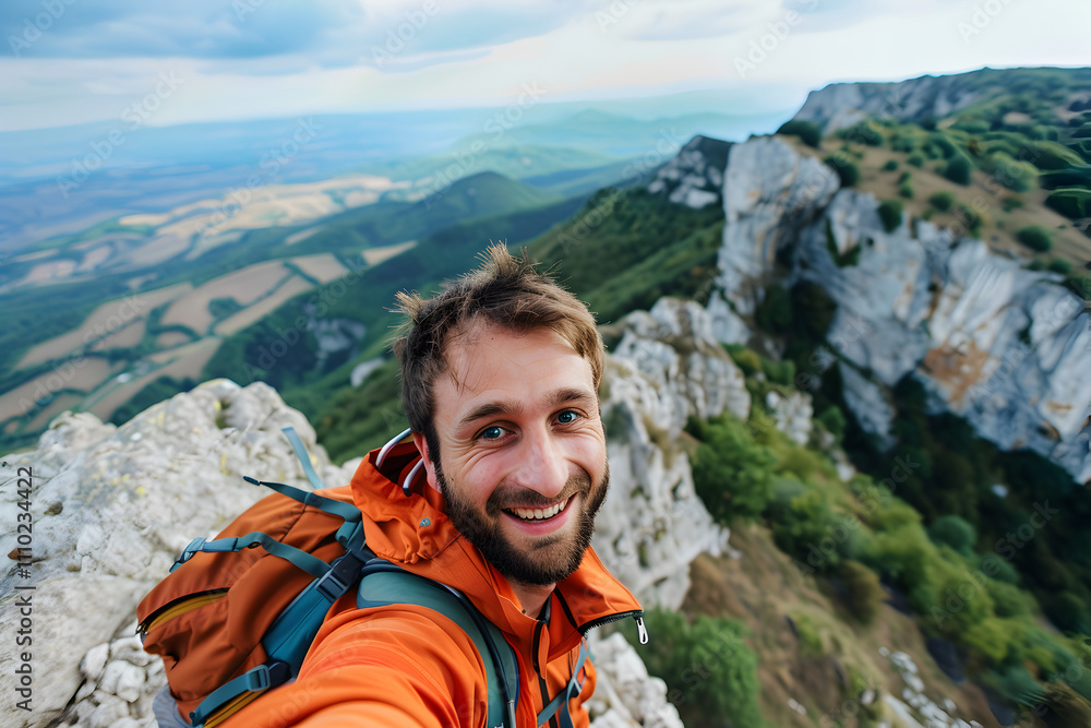 Young hiker man enjoying breathtaking mountain view while taking a selfie at the summit during a cloudy day Young hiker man enjoying breathtaking mountain view while taking a selfie at the summit during a cloudy day